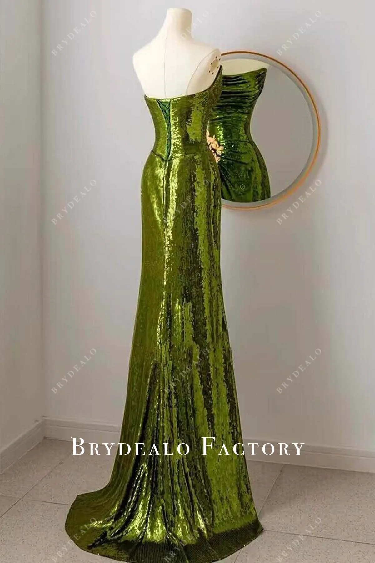 Custom Green Sequin Ruched Scoop Neck Strapless Slit Prom Dress