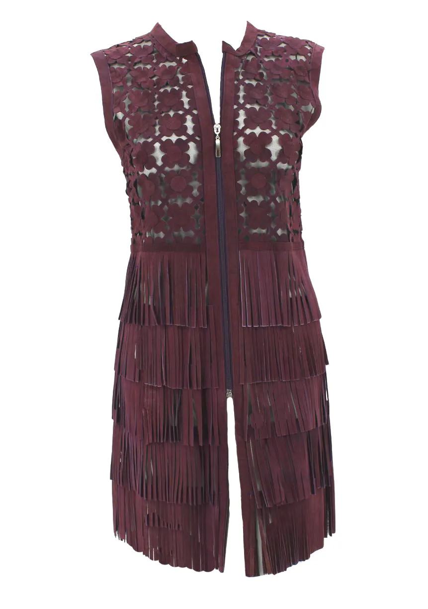 Dakota West Daisy Fringe Vest in Magenta Suede