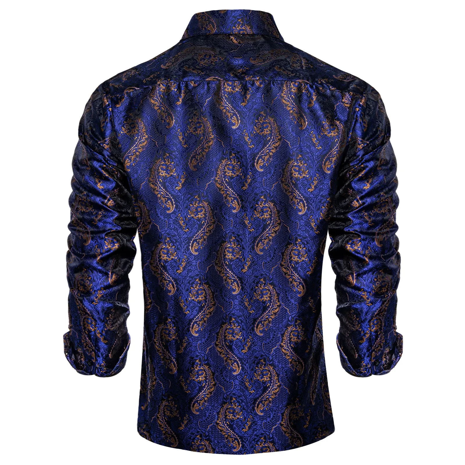 Dark Blue Brown Paisley Silk Men's Long Sleeve Shirt