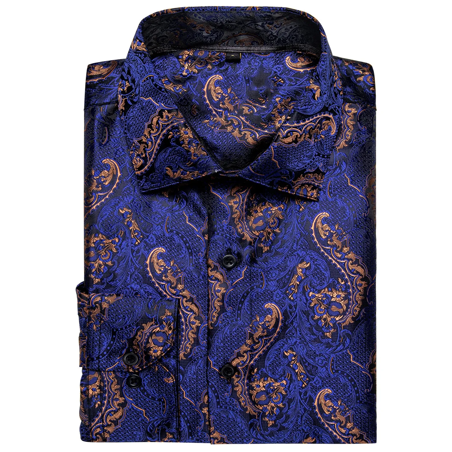 Dark Blue Brown Paisley Silk Men's Long Sleeve Shirt