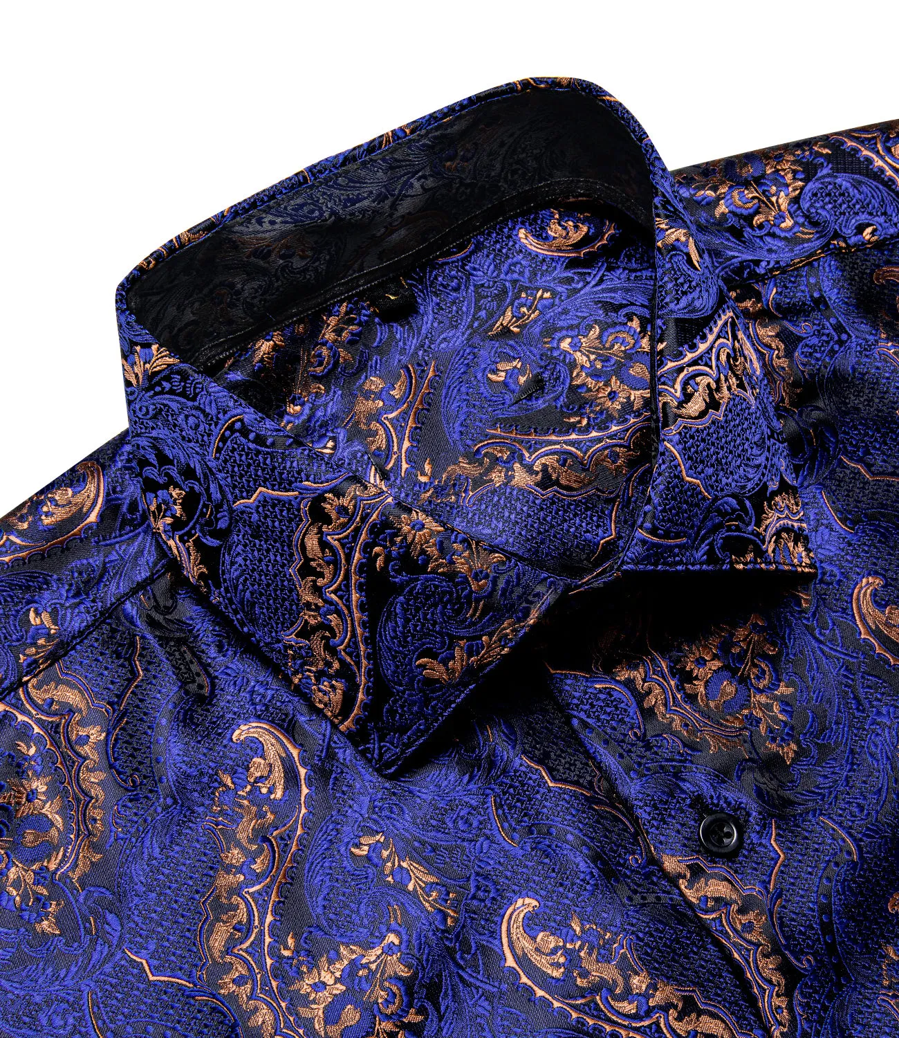 Dark Blue Brown Paisley Silk Men's Long Sleeve Shirt