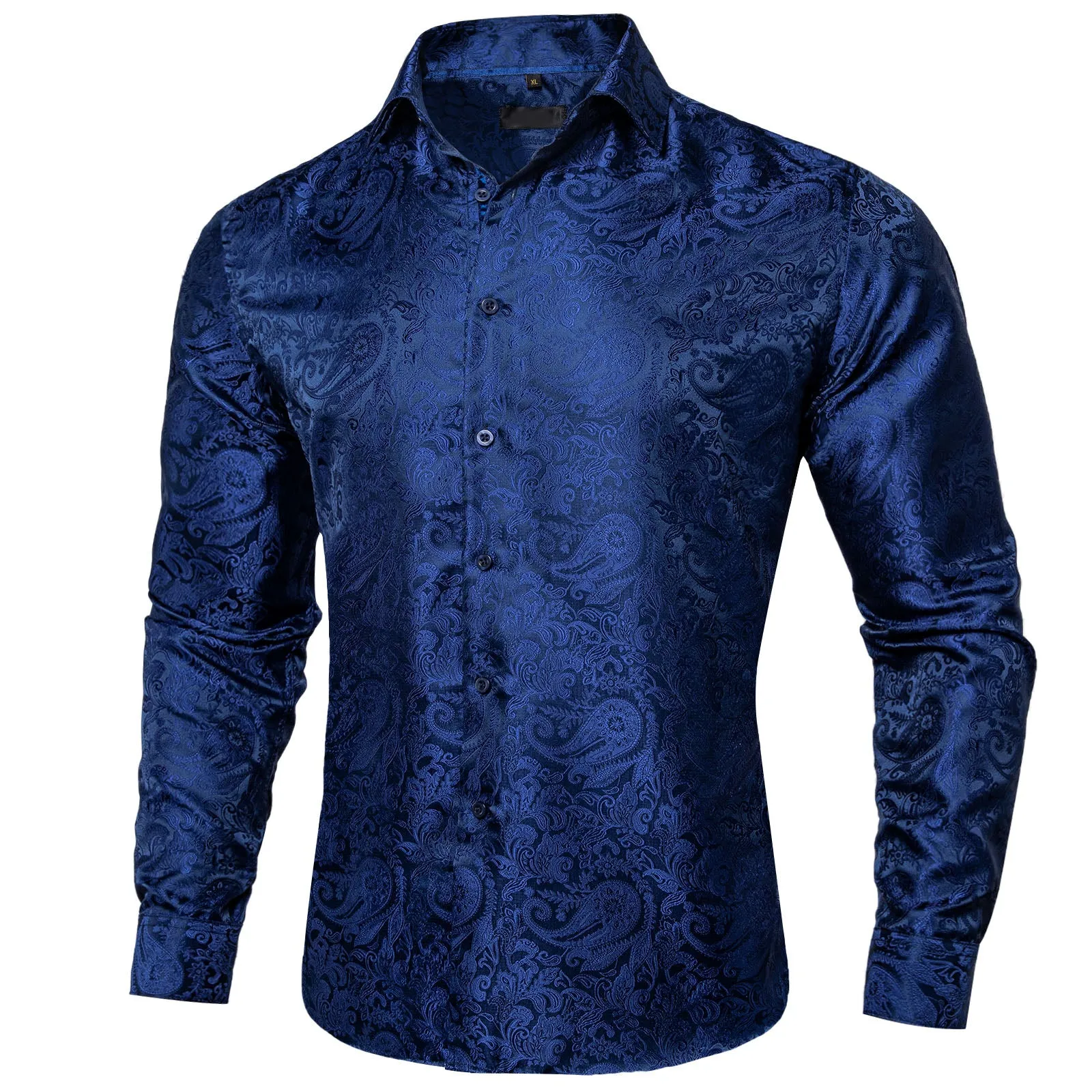 Dark Blue Paisley Silk Men's Long Sleeve Shirt