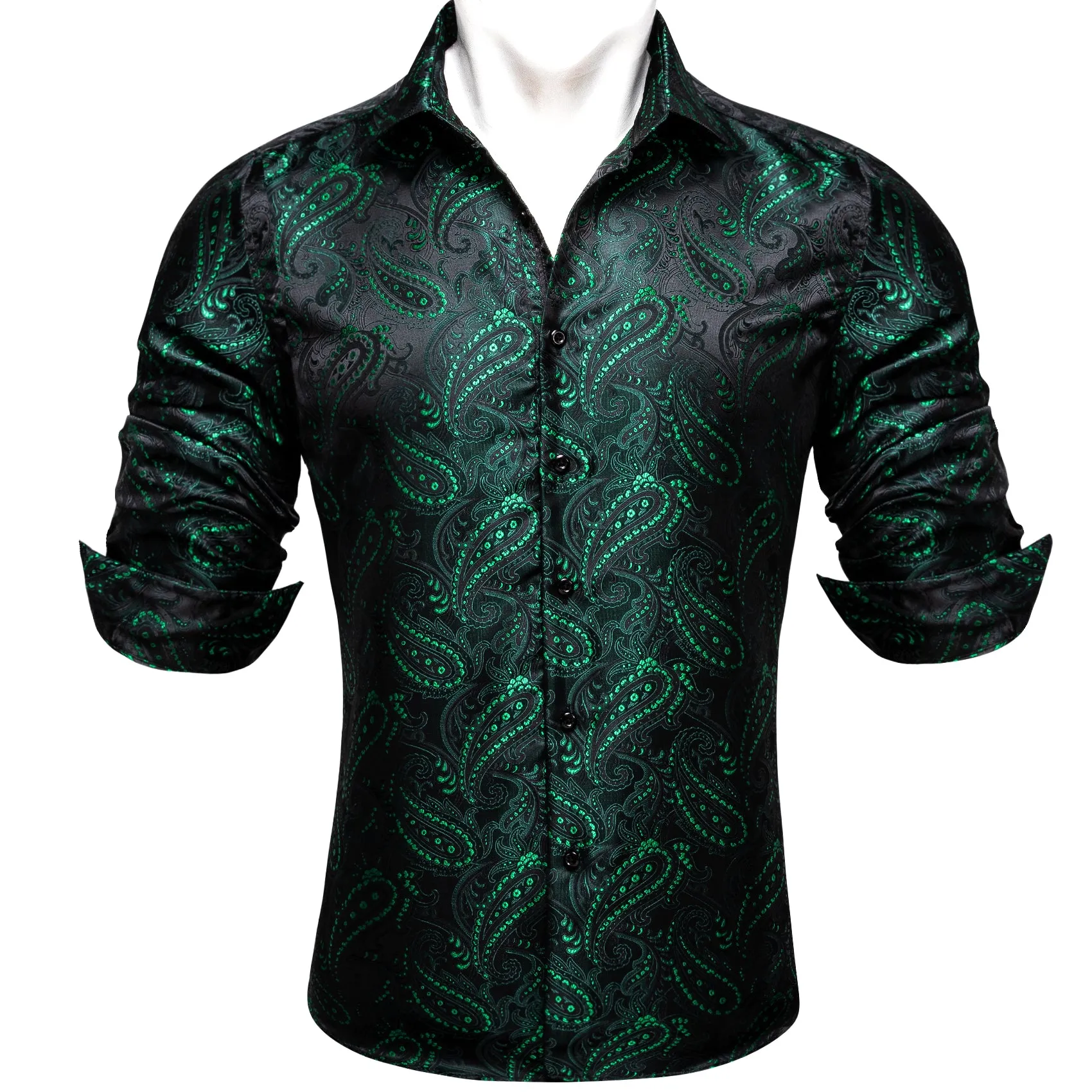 DarkGreen Paisley Flower Pattern Silk Men's Long Sleeve Shirt