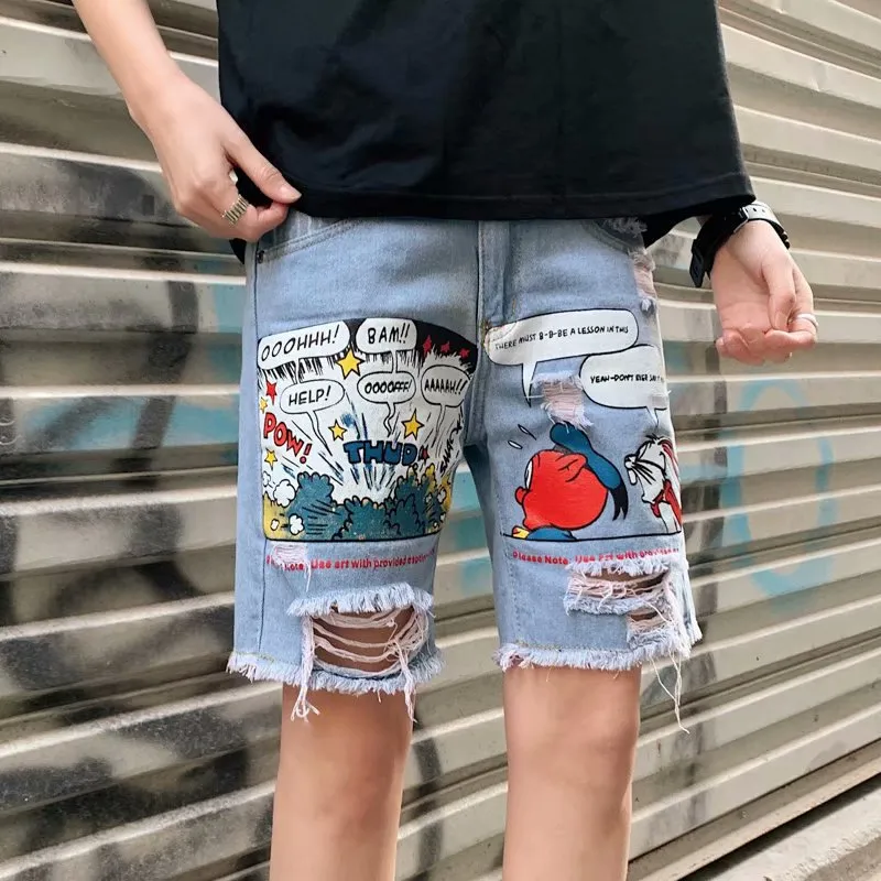 Denim Shorts Men's Summer Trendy Hong Kong Style Loose Straight Men's Short Pants Ripped Denim Middle Pants Simple Men's Fashion