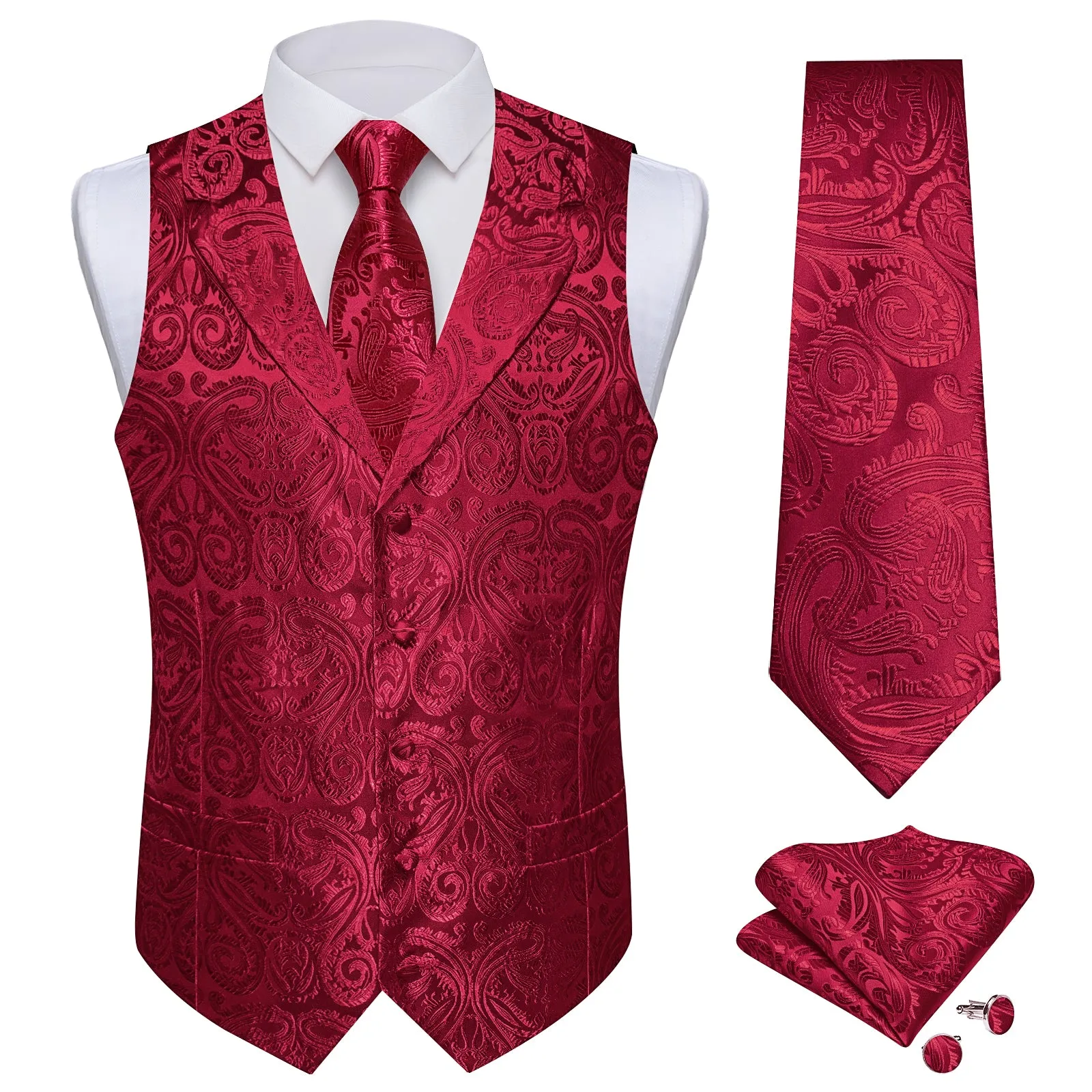 DiBanGu Burgundy Paisley Notched Collar Silk Mens Vest Tie Set