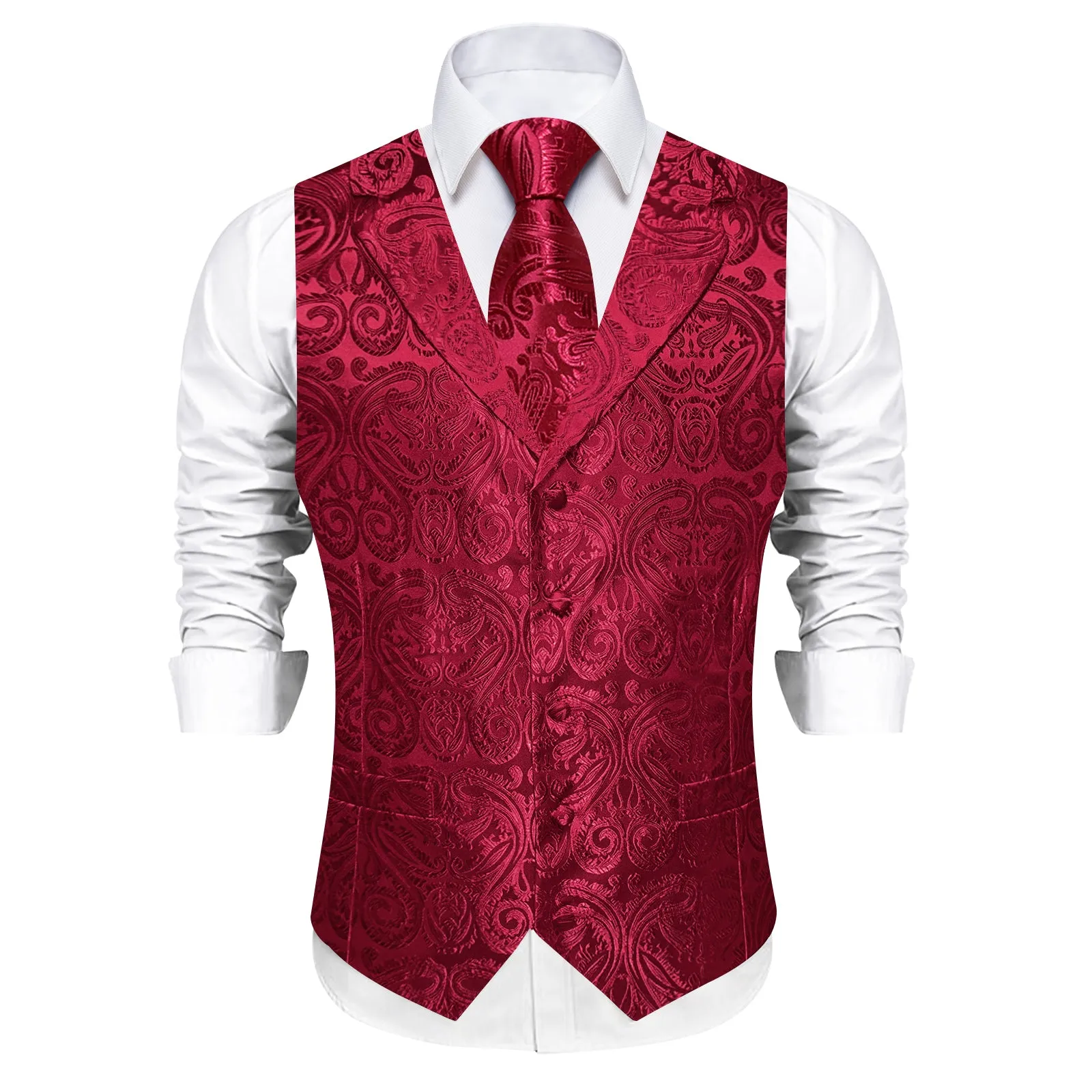 DiBanGu Burgundy Paisley Notched Collar Silk Mens Vest Tie Set