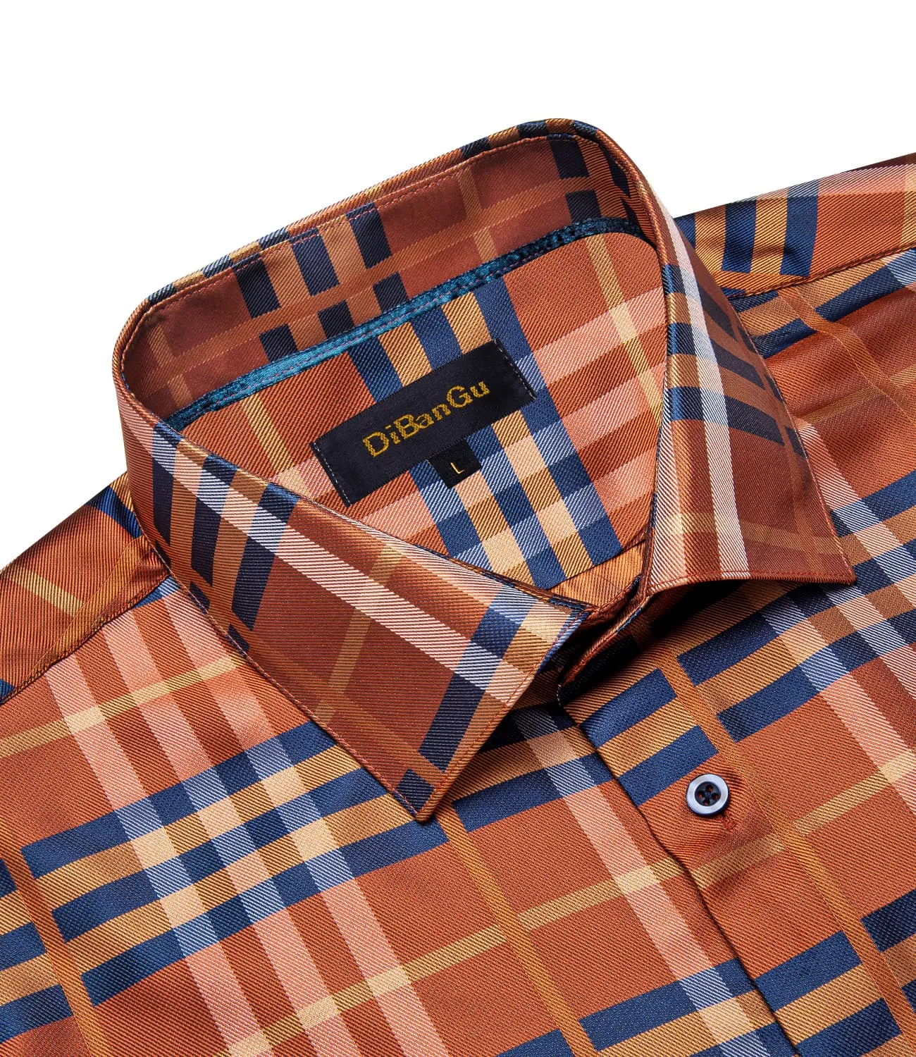 DiBanGu Collared Shirt Blue Dark Orange Striped Silk Long Sleeve Mens Work Business Shirt