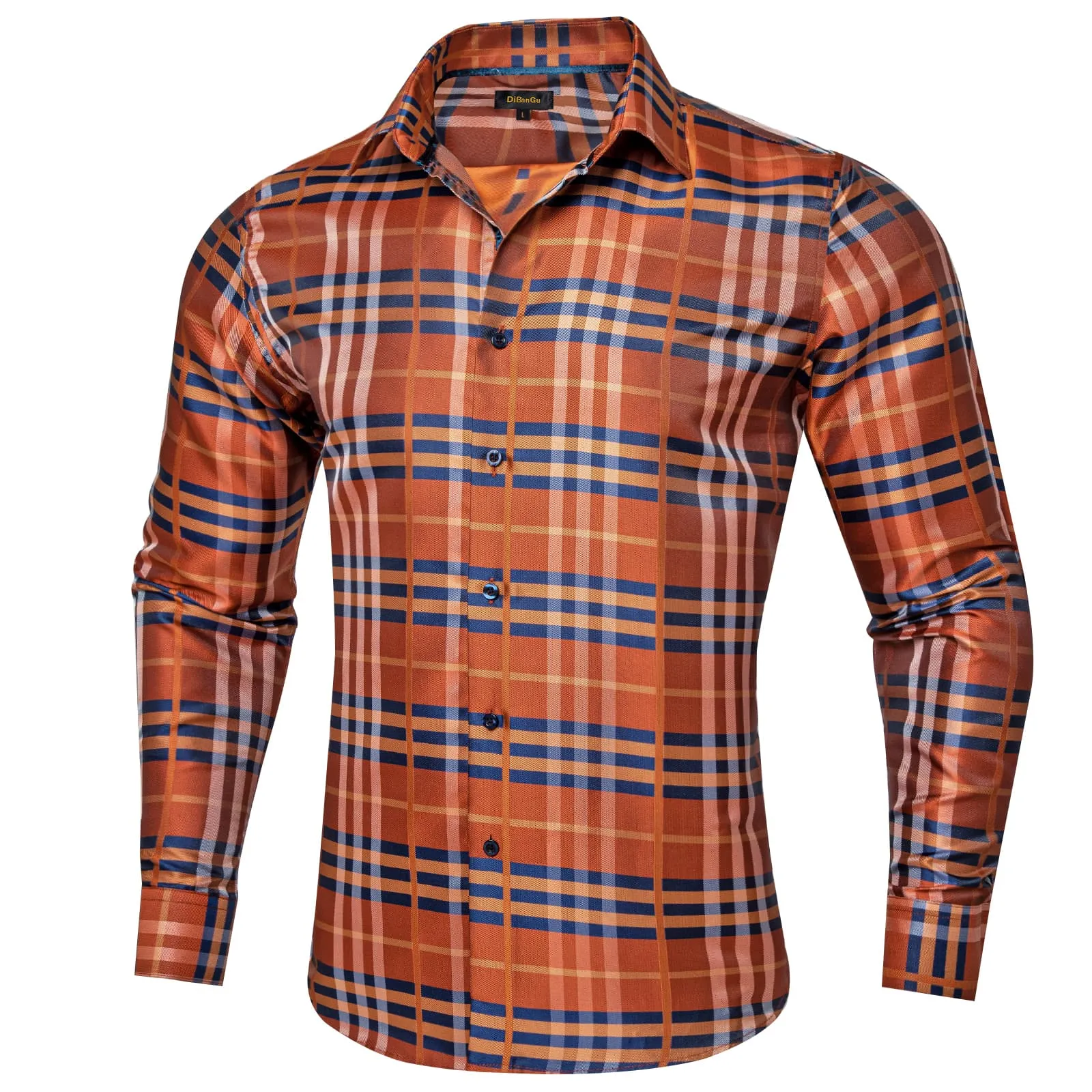 DiBanGu Collared Shirt Blue Dark Orange Striped Silk Long Sleeve Mens Work Business Shirt