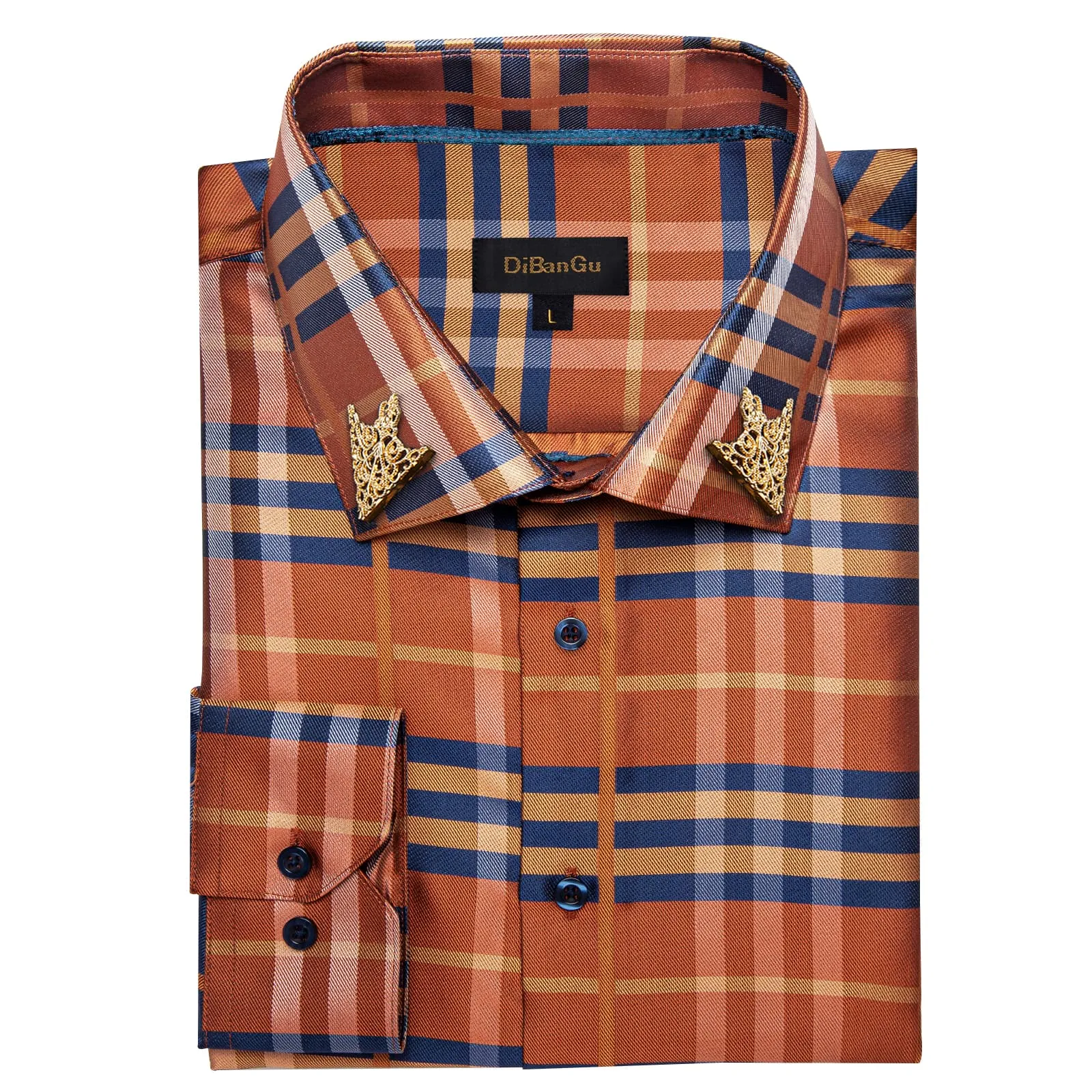 DiBanGu Collared Shirt Blue Dark Orange Striped Silk Long Sleeve Mens Work Business Shirt