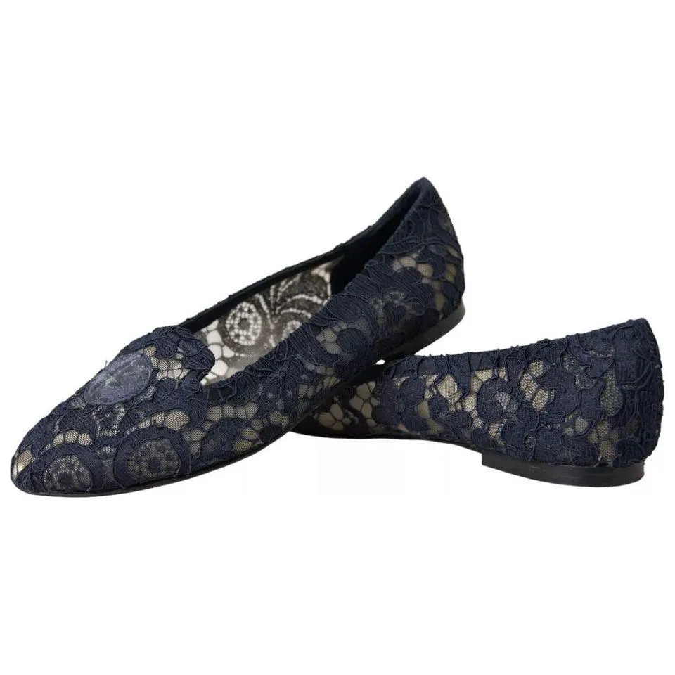 Dolce & Gabbana Dark Blue Taormina Lace Slip On Flats Shoes