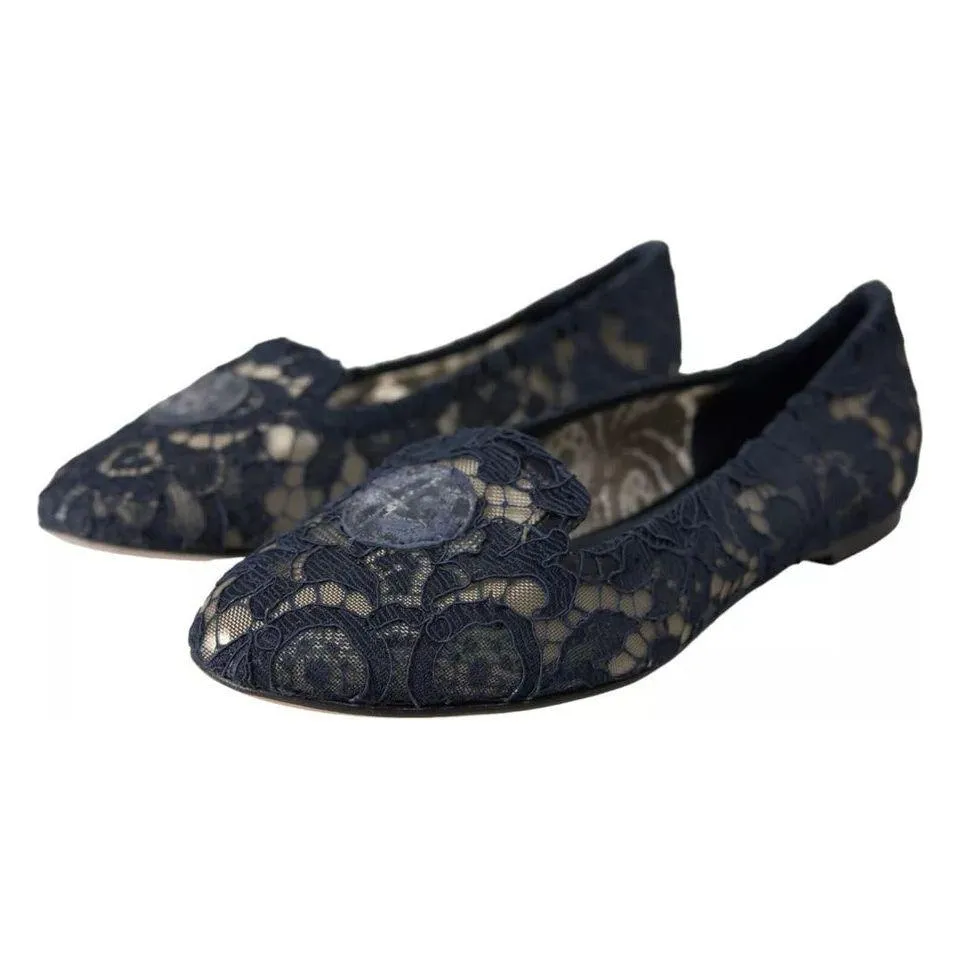 Dolce & Gabbana Dark Blue Taormina Lace Slip On Flats Shoes