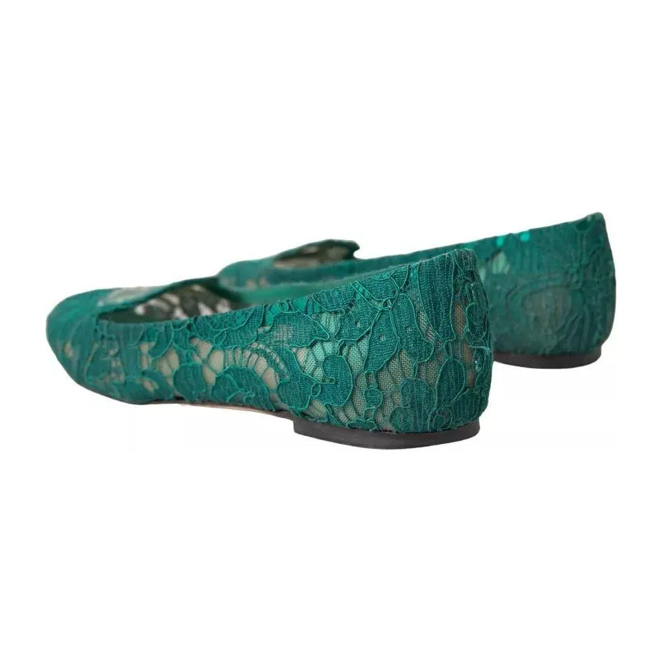 Dolce & Gabbana Green Taormina Lace Slip On Flats Shoes