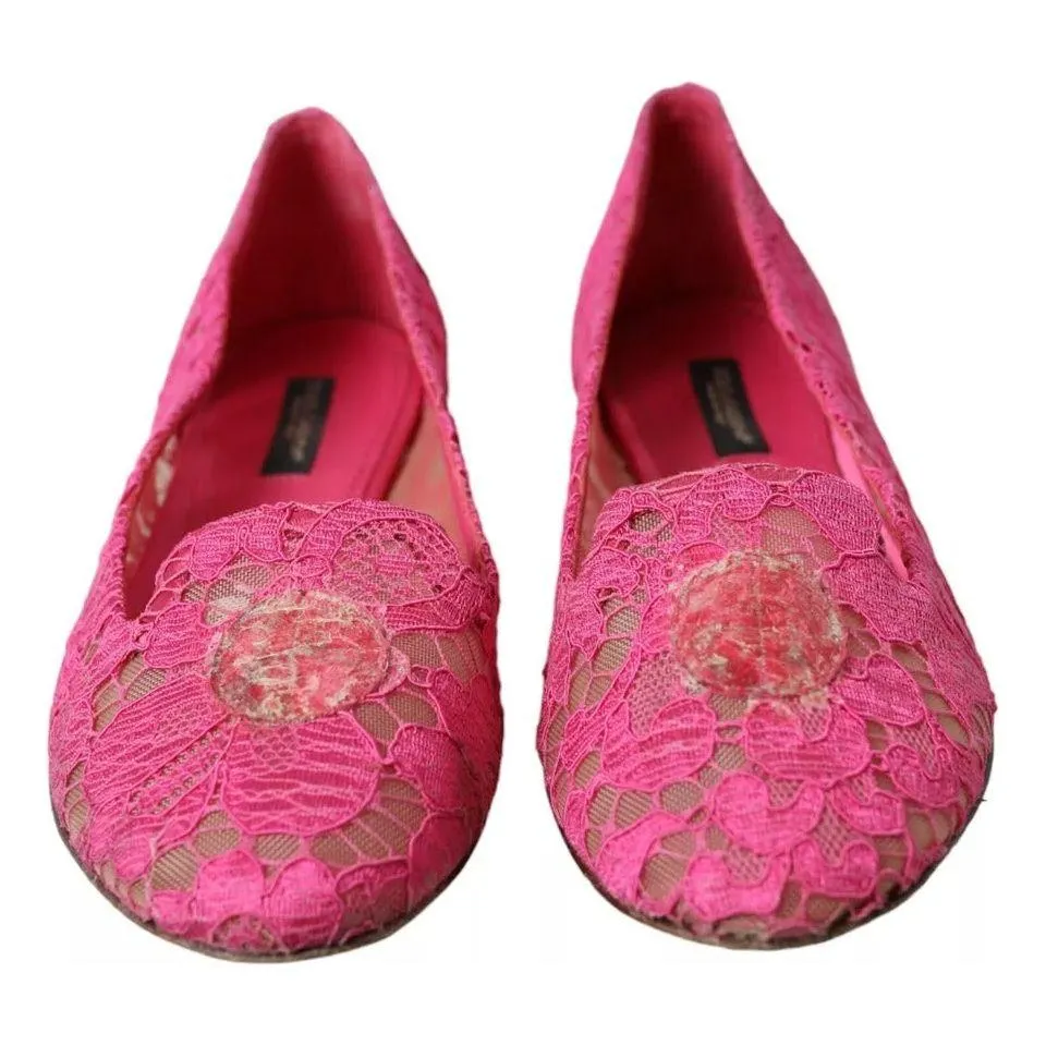 Dolce & Gabbana Pink Taormina Lace Slip On Flats Shoes