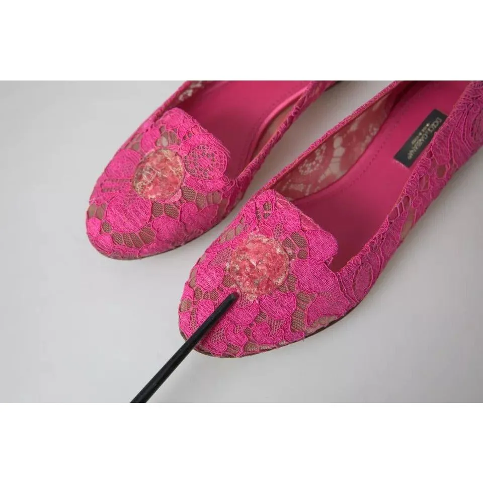 Dolce & Gabbana Pink Taormina Lace Slip On Flats Shoes