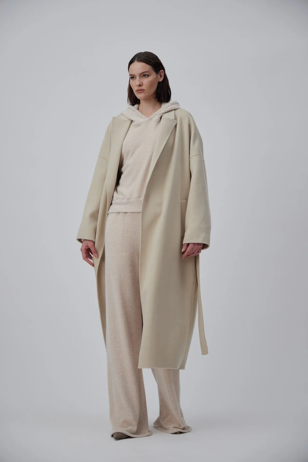 DOUBLE FACE WRAP CASHMERE COAT IN PEARL BEIGE