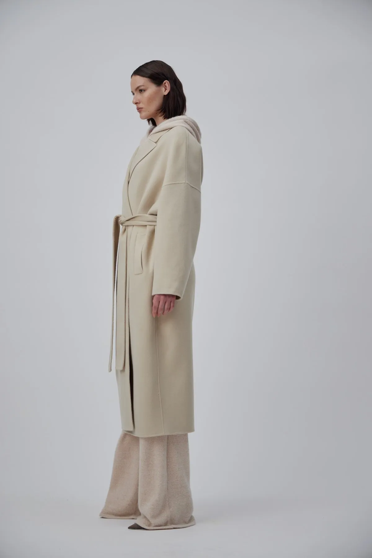 DOUBLE FACE WRAP CASHMERE COAT IN PEARL BEIGE