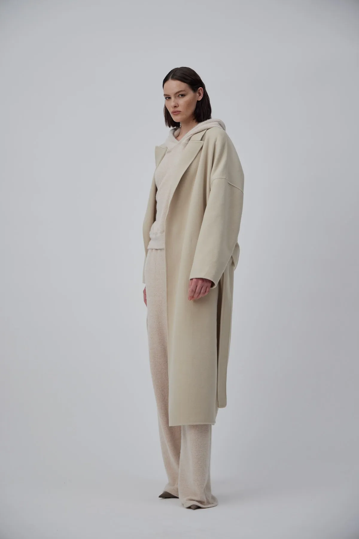 DOUBLE FACE WRAP CASHMERE COAT IN PEARL BEIGE