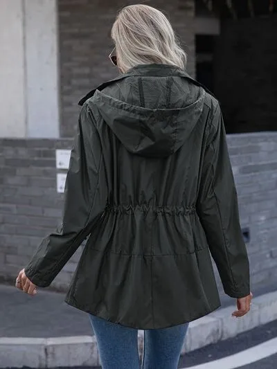 Drawstring Zip Up Waterproof Hooded Trench Coat