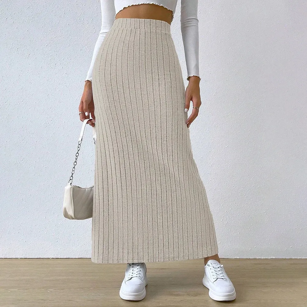 Elegant Ribbed Long Slim Fit Elastic Side Slit Skirt