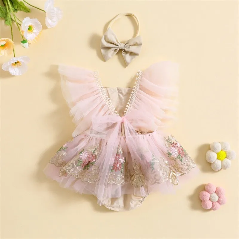 Elyssa - Baby Girl Princess Romper with Embroidery Flowers