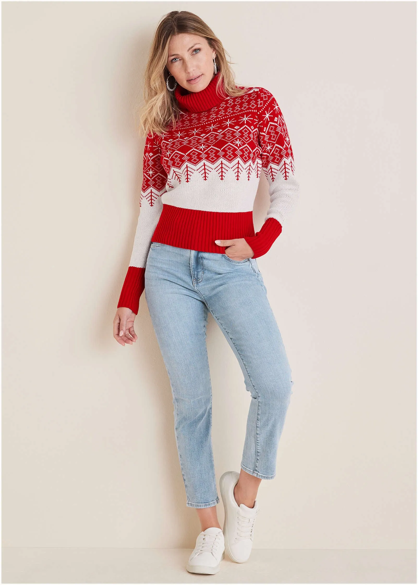 Embellished Holiday Sweater - Red Snowflake Multi