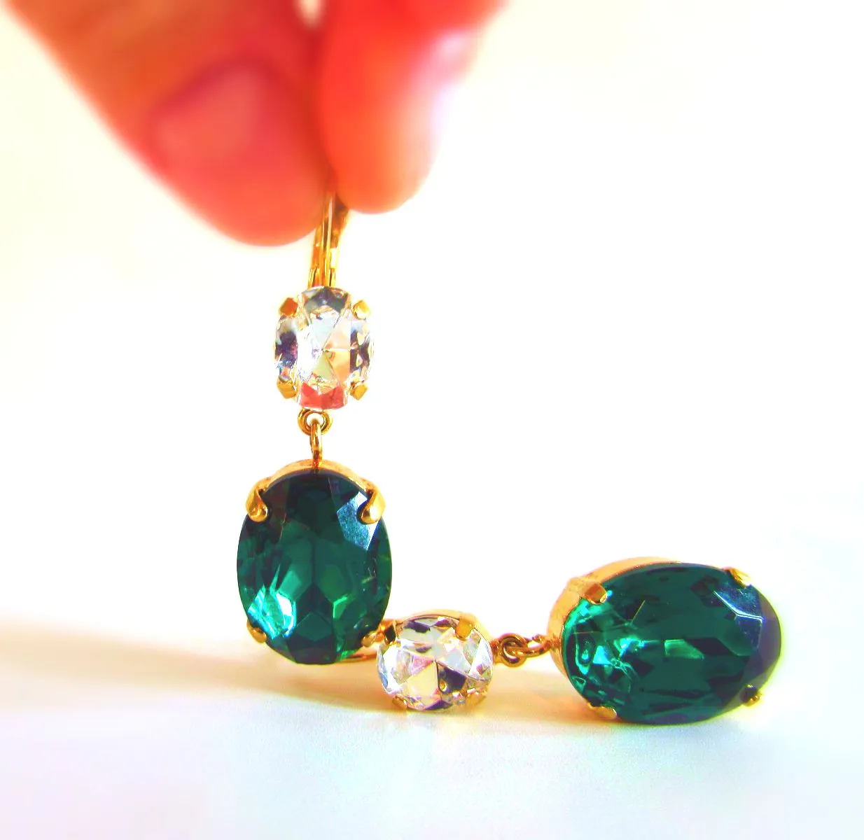 Emerald and Crystal Earrings - Large Oval 2 stone Dangles