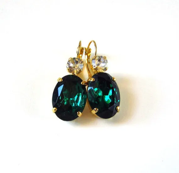 Emerald Green Crystal Earrings - Large Oval 2 stone