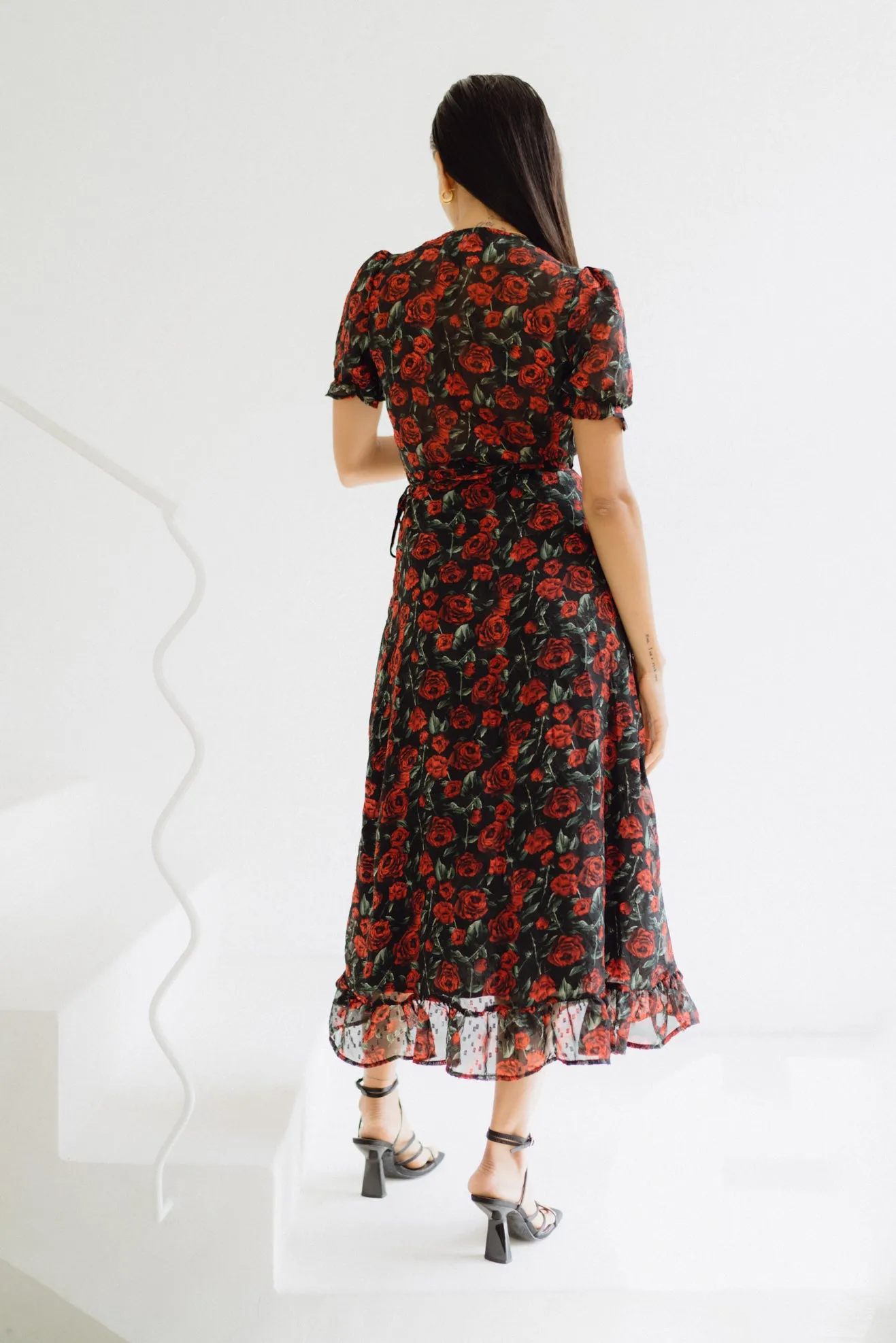 Evelyn Black Red Floral Wrap Midi Dress