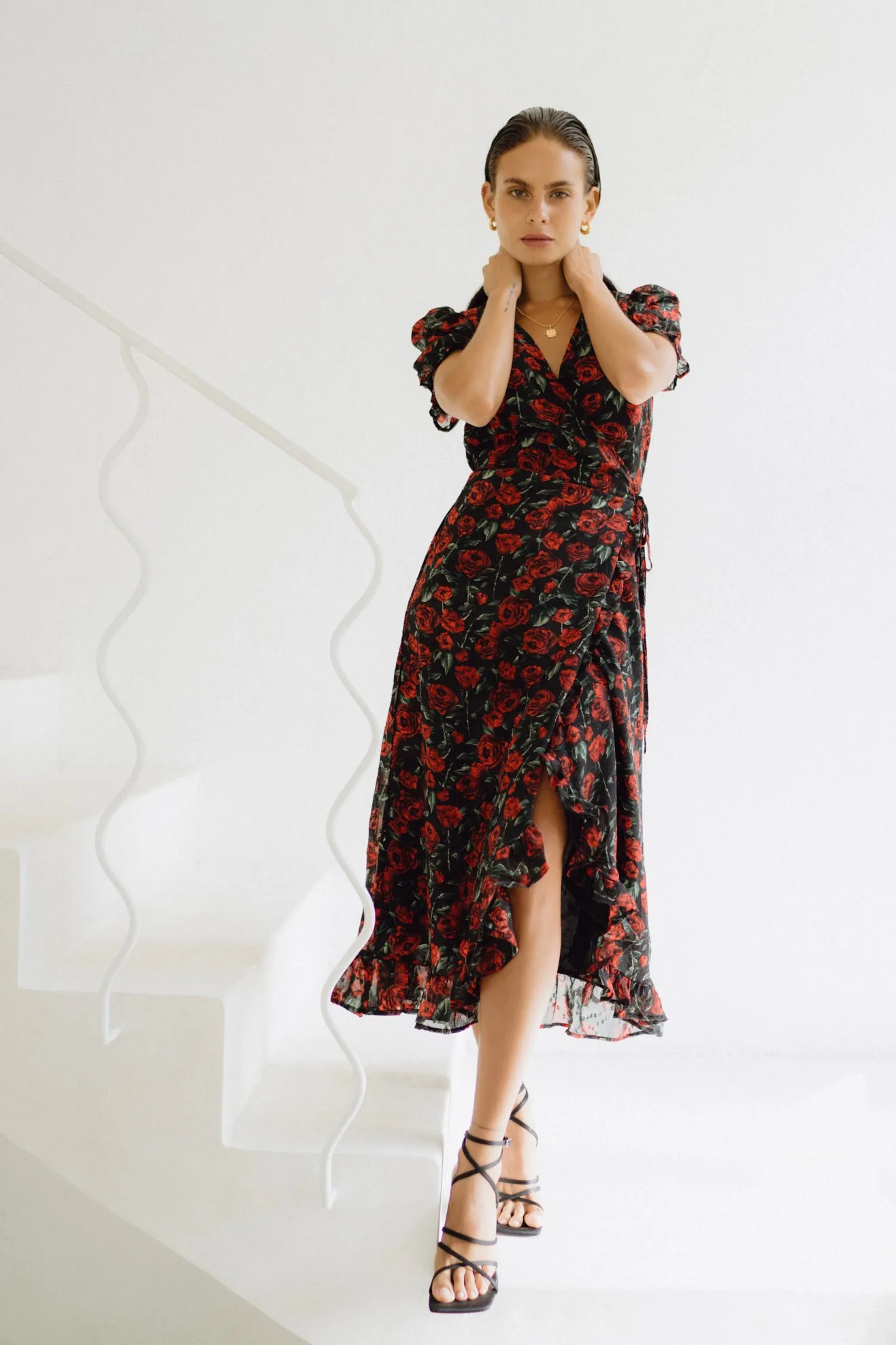 Evelyn Black Red Floral Wrap Midi Dress