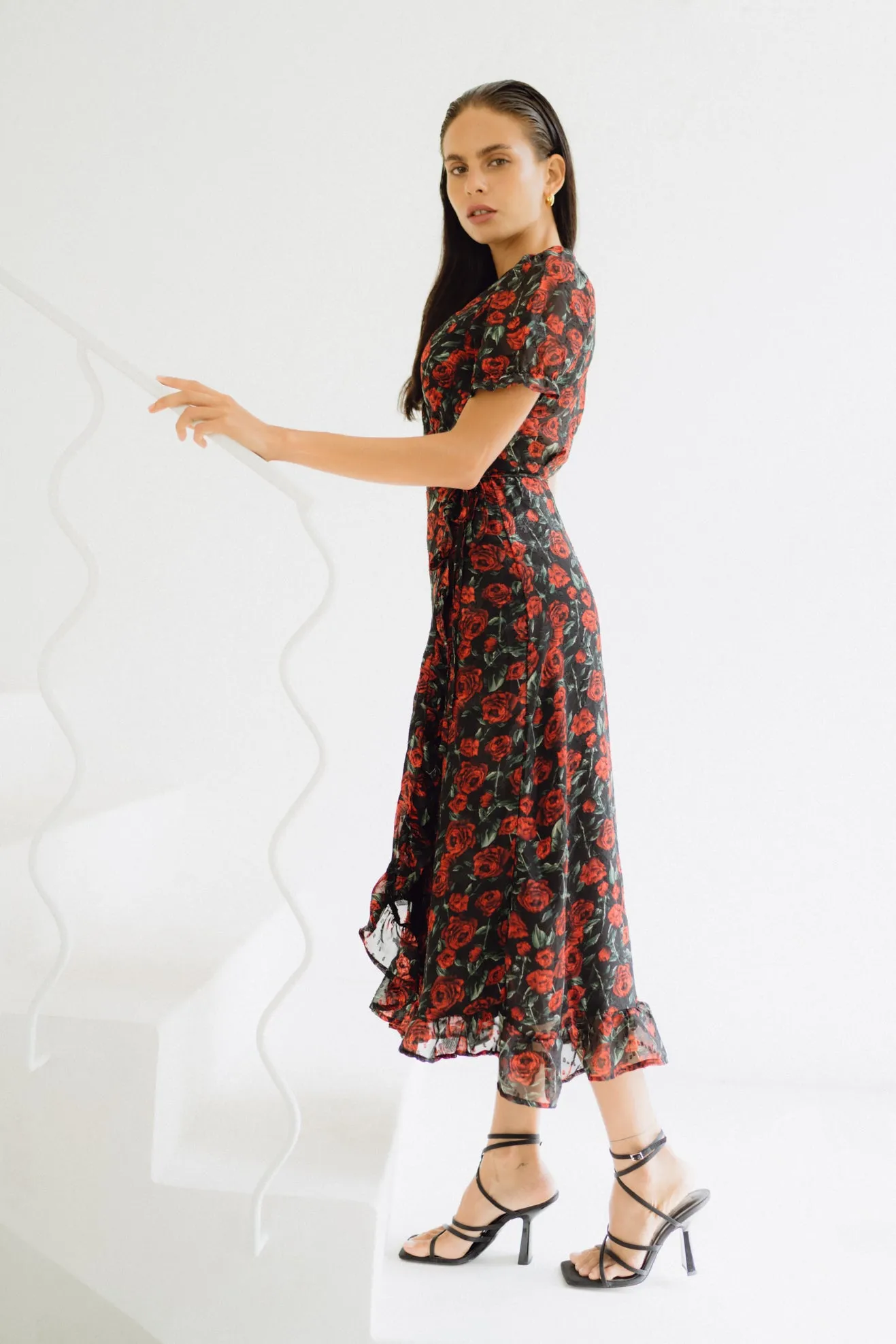 Evelyn Black Red Floral Wrap Midi Dress