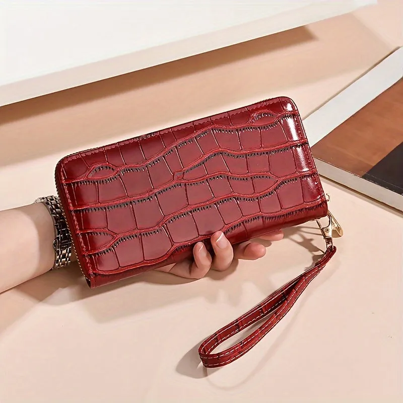 Fashion Crocodile Embossed Long Mini Wallet With Single Zipper, PU Material Ladies' Clutch Wristlet, Trendy Phone Purse(19.0cmx 9.4cm)