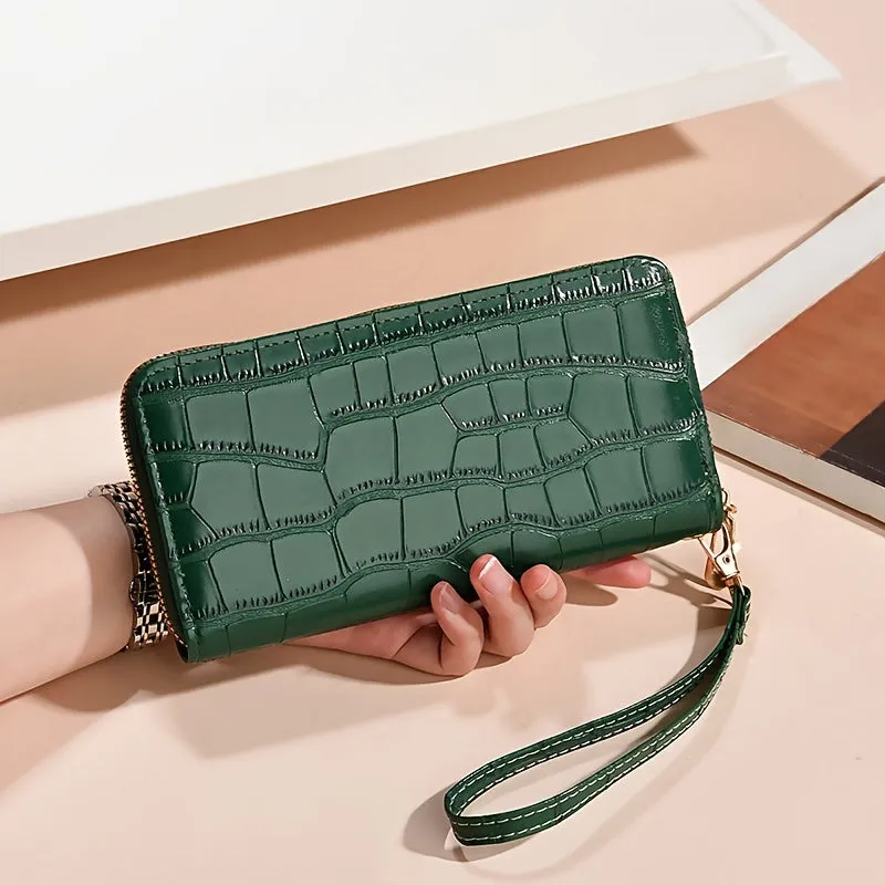 Fashion Crocodile Embossed Long Mini Wallet With Single Zipper, PU Material Ladies' Clutch Wristlet, Trendy Phone Purse(19.0cmx 9.4cm)