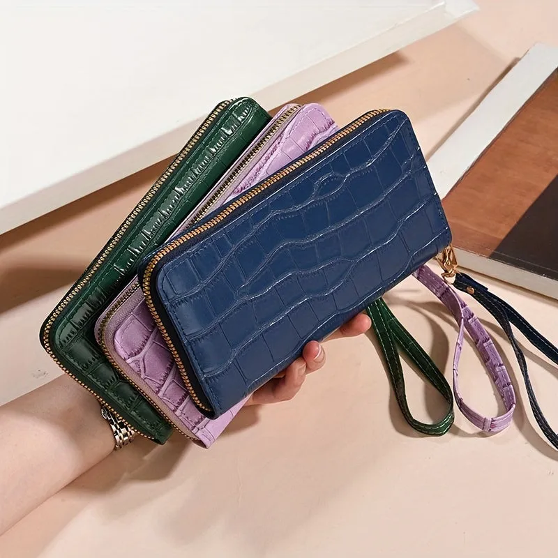 Fashion Crocodile Embossed Long Mini Wallet With Single Zipper, PU Material Ladies' Clutch Wristlet, Trendy Phone Purse(19.0cmx 9.4cm)