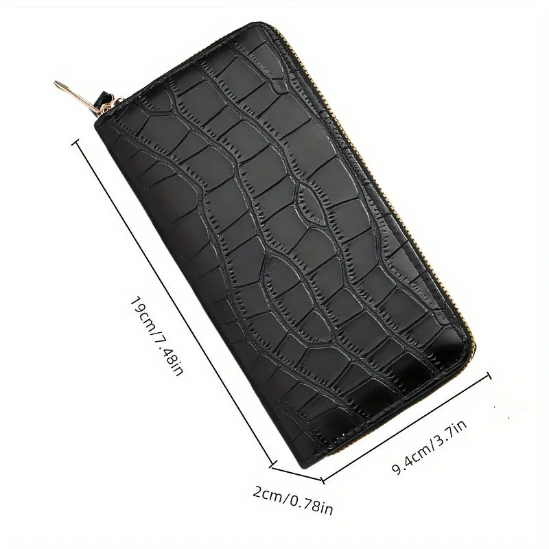 Fashion Crocodile Embossed Long Mini Wallet With Single Zipper, PU Material Ladies' Clutch Wristlet, Trendy Phone Purse(19.0cmx 9.4cm)