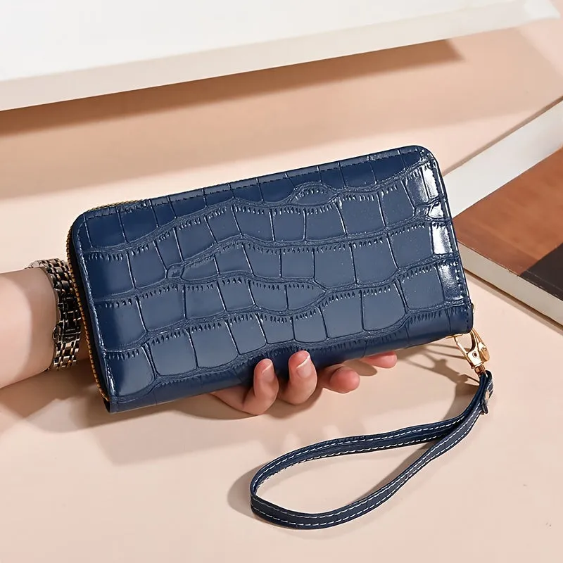 Fashion Crocodile Embossed Long Mini Wallet With Single Zipper, PU Material Ladies' Clutch Wristlet, Trendy Phone Purse(19.0cmx 9.4cm)