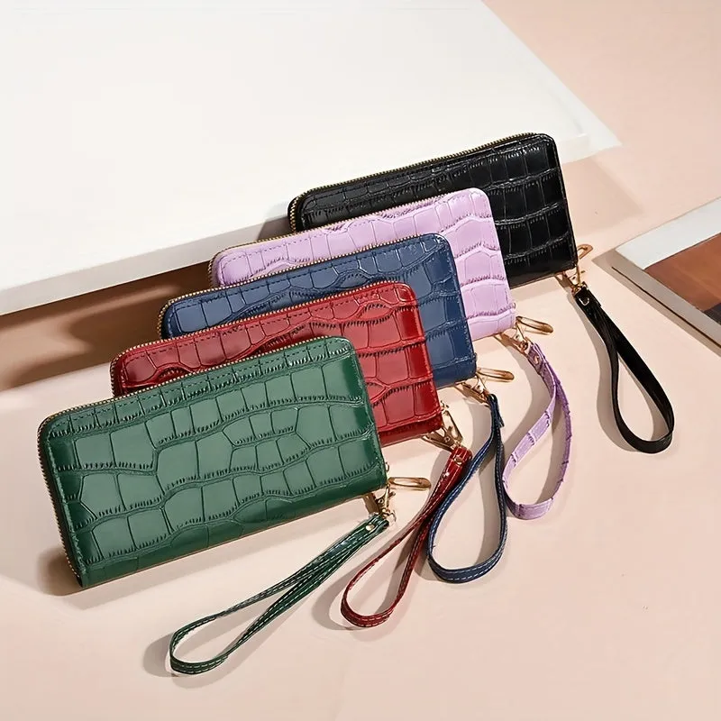 Fashion Crocodile Embossed Long Mini Wallet With Single Zipper, PU Material Ladies' Clutch Wristlet, Trendy Phone Purse(19.0cmx 9.4cm)