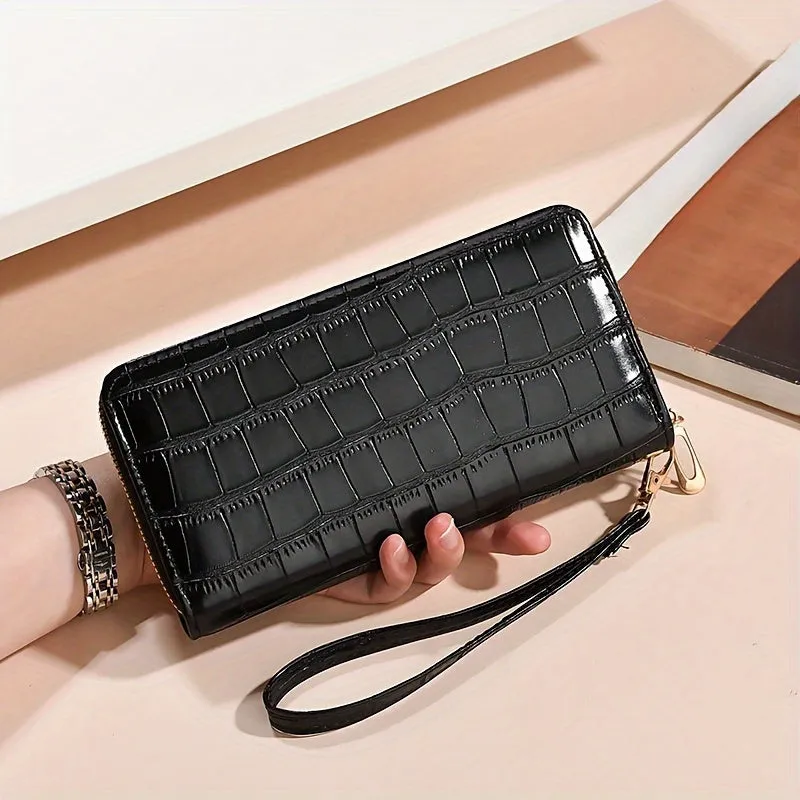 Fashion Crocodile Embossed Long Mini Wallet With Single Zipper, PU Material Ladies' Clutch Wristlet, Trendy Phone Purse(19.0cmx 9.4cm)