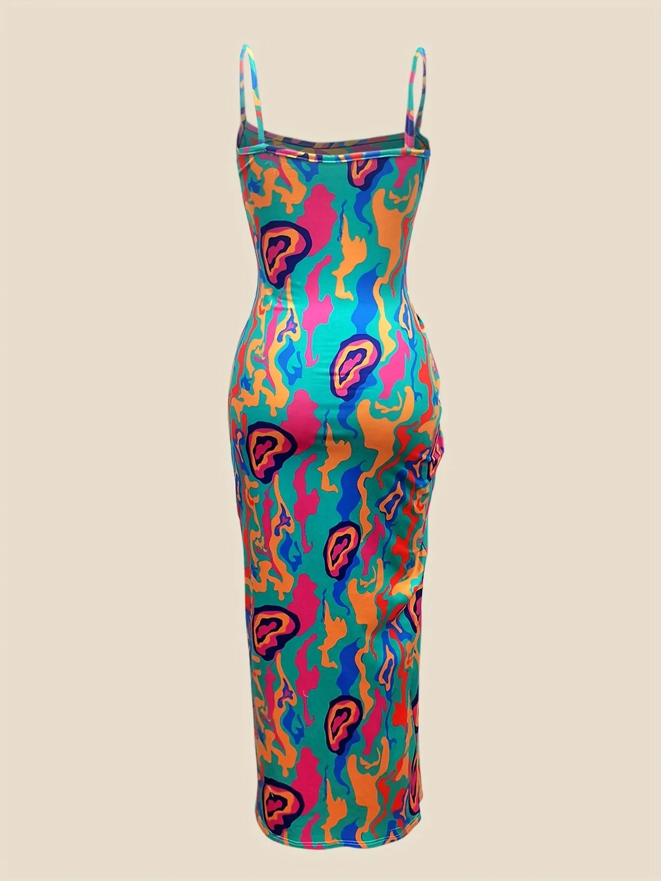 Fashion-Forward Cami Dress with Vibrant Allover Print - Adjustable Spaghetti Straps, Bold Backless & Knotted Detail - Figure-Sculpting Bodycon for Trendy Womens Wear