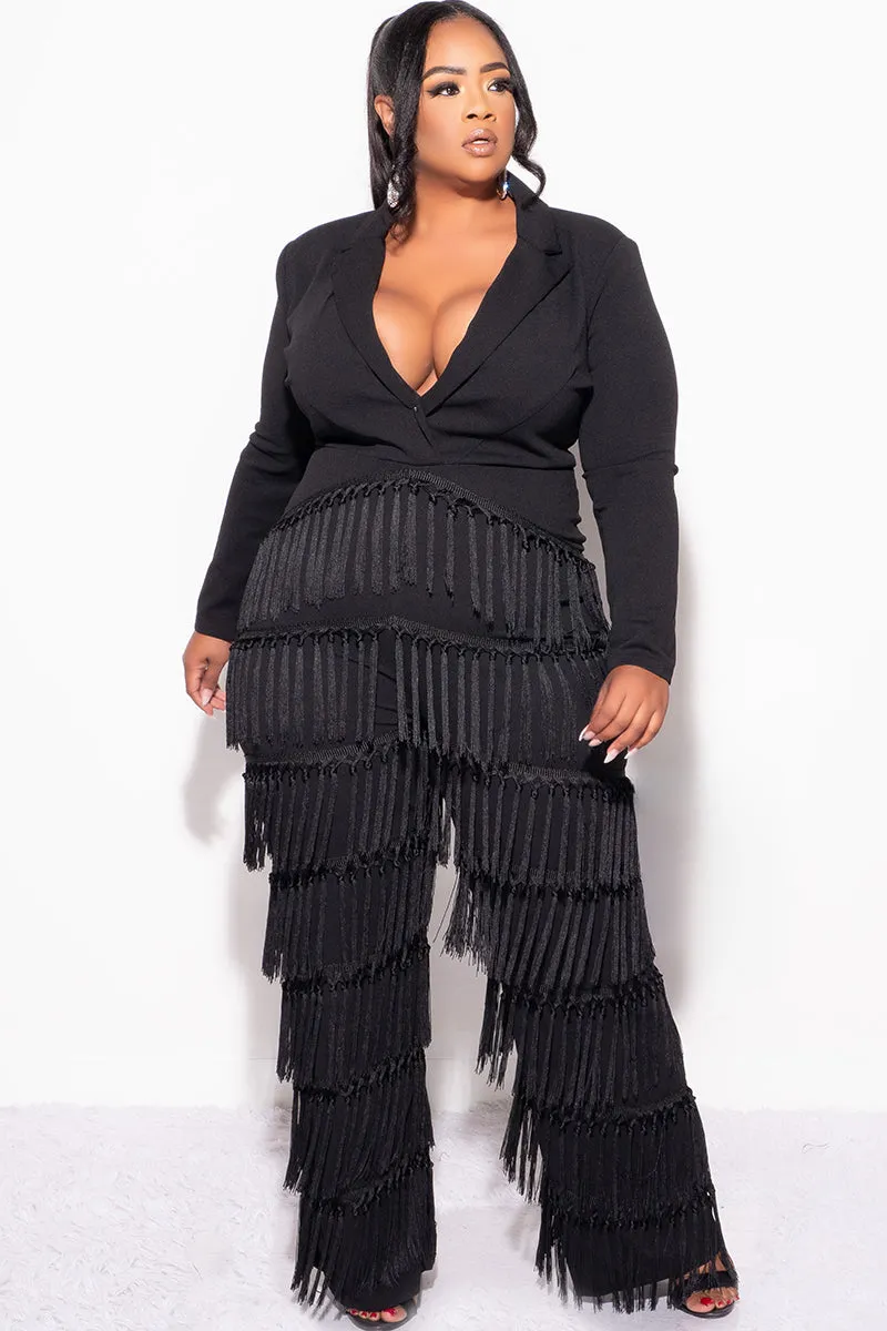 Final Sale Plus Size Collar Faux Wrap Fringe Jumpsuit in Black