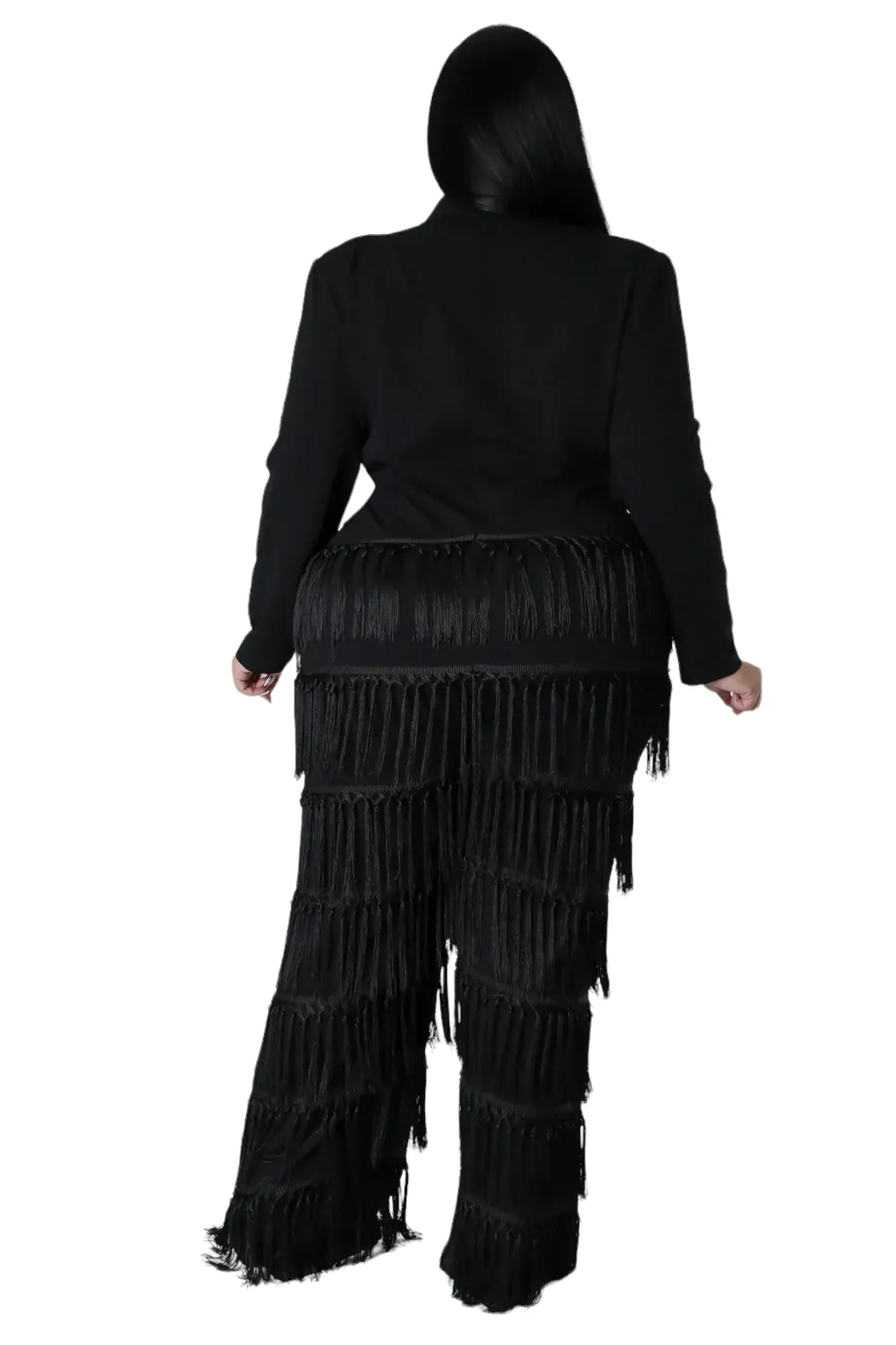 Final Sale Plus Size Collar Faux Wrap Fringe Jumpsuit in Black