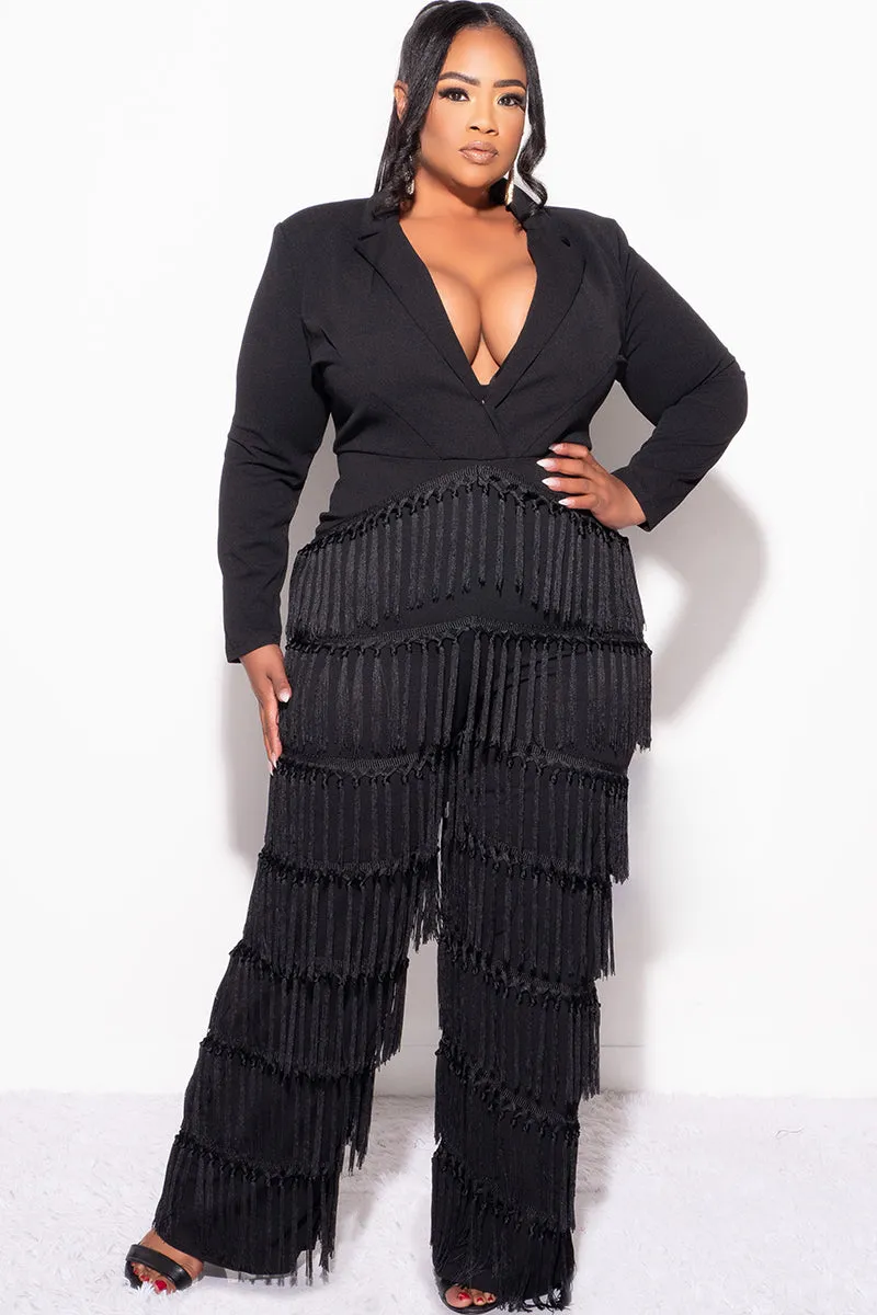 Final Sale Plus Size Collar Faux Wrap Fringe Jumpsuit in Black