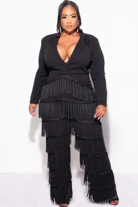 Final Sale Plus Size Collar Faux Wrap Fringe Jumpsuit in Black