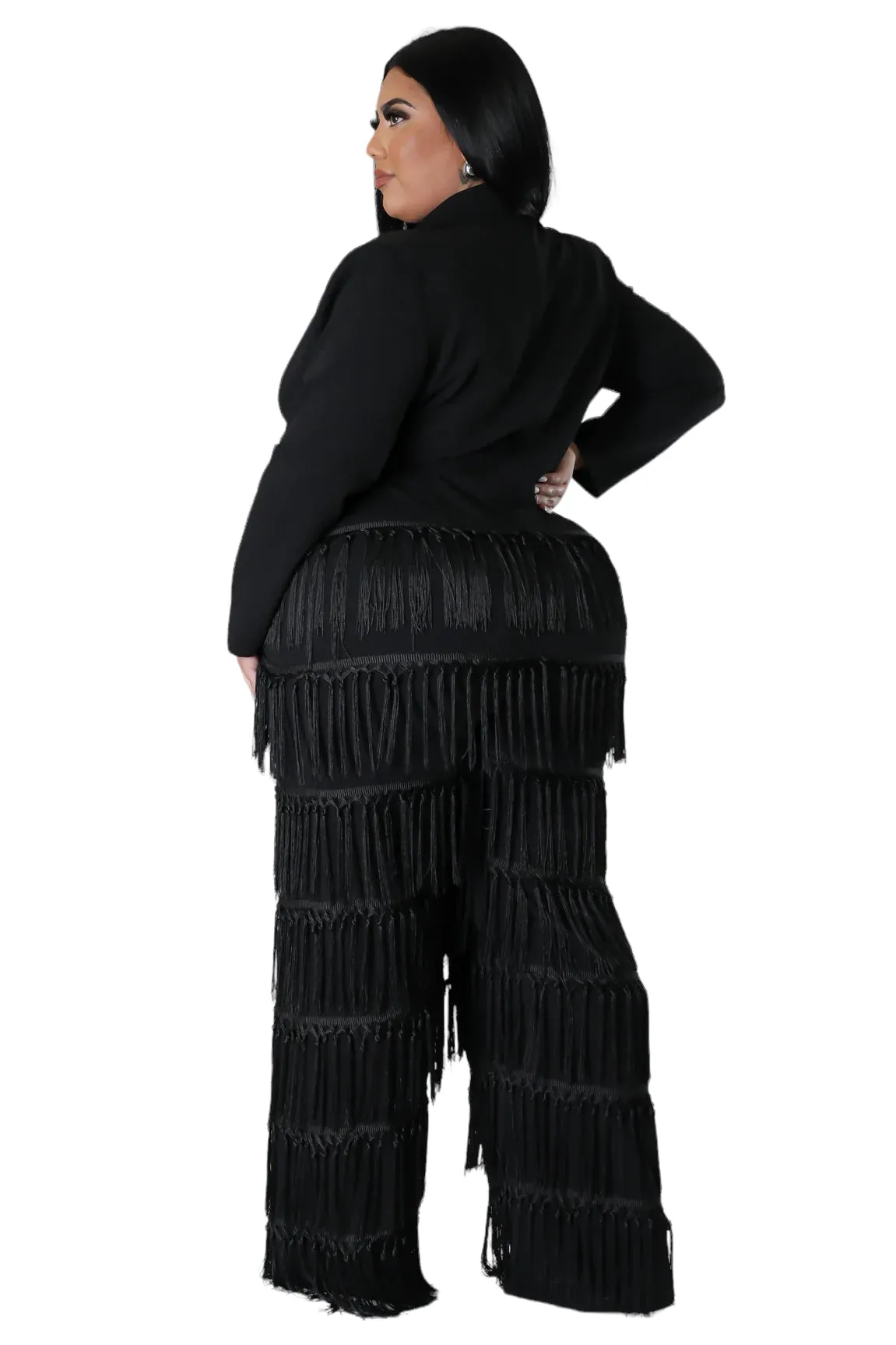 Final Sale Plus Size Collar Faux Wrap Fringe Jumpsuit in Black