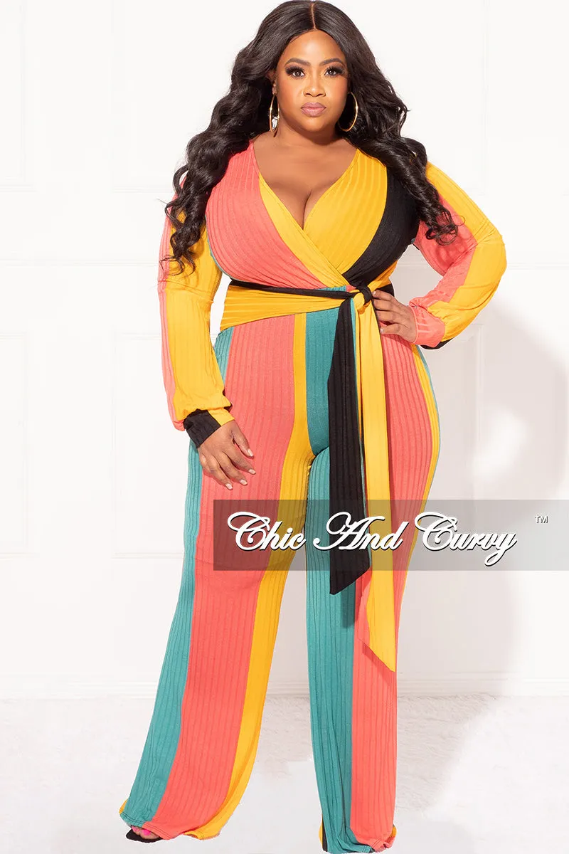 Final Sale Plus Size Faux Wrap Jumpsuit with Tie in Teal, Coral and Mustard