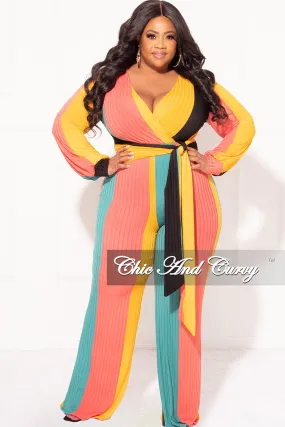 Final Sale Plus Size Faux Wrap Jumpsuit with Tie in Teal, Coral and Mustard