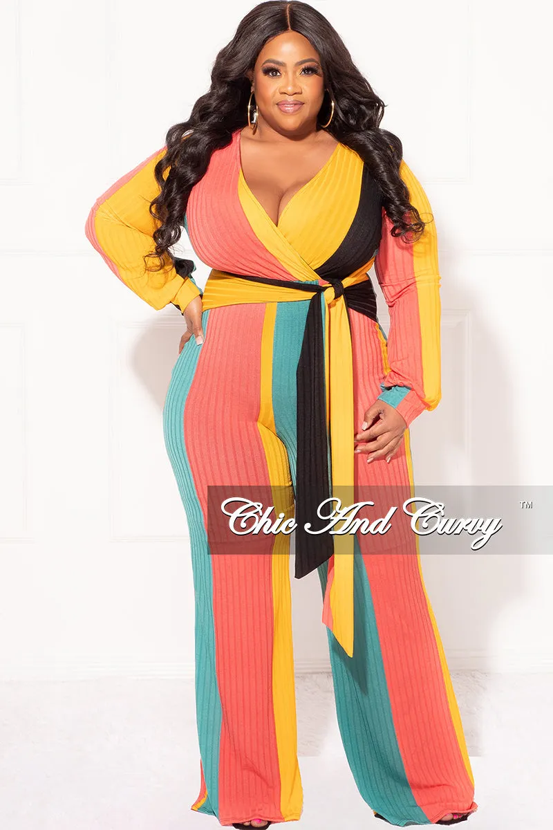 Final Sale Plus Size Faux Wrap Jumpsuit with Tie in Teal, Coral and Mustard