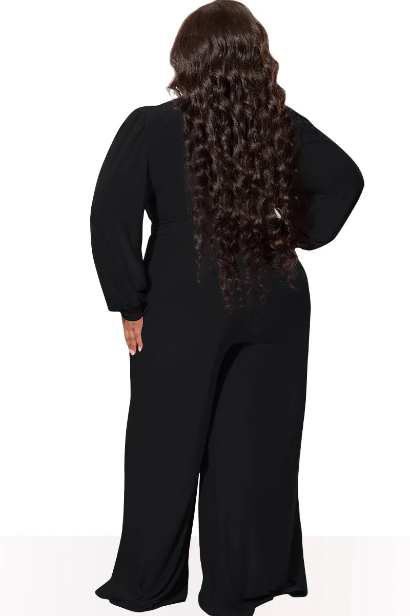 Final Sale Plus Size Faux Wrap Jumpsuit with Waist Tie in Black