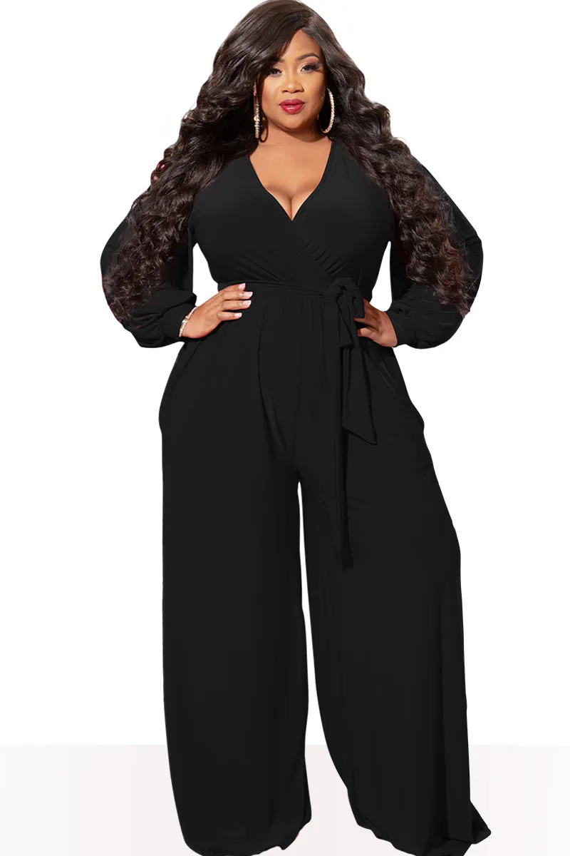 Final Sale Plus Size Faux Wrap Jumpsuit with Waist Tie in Black