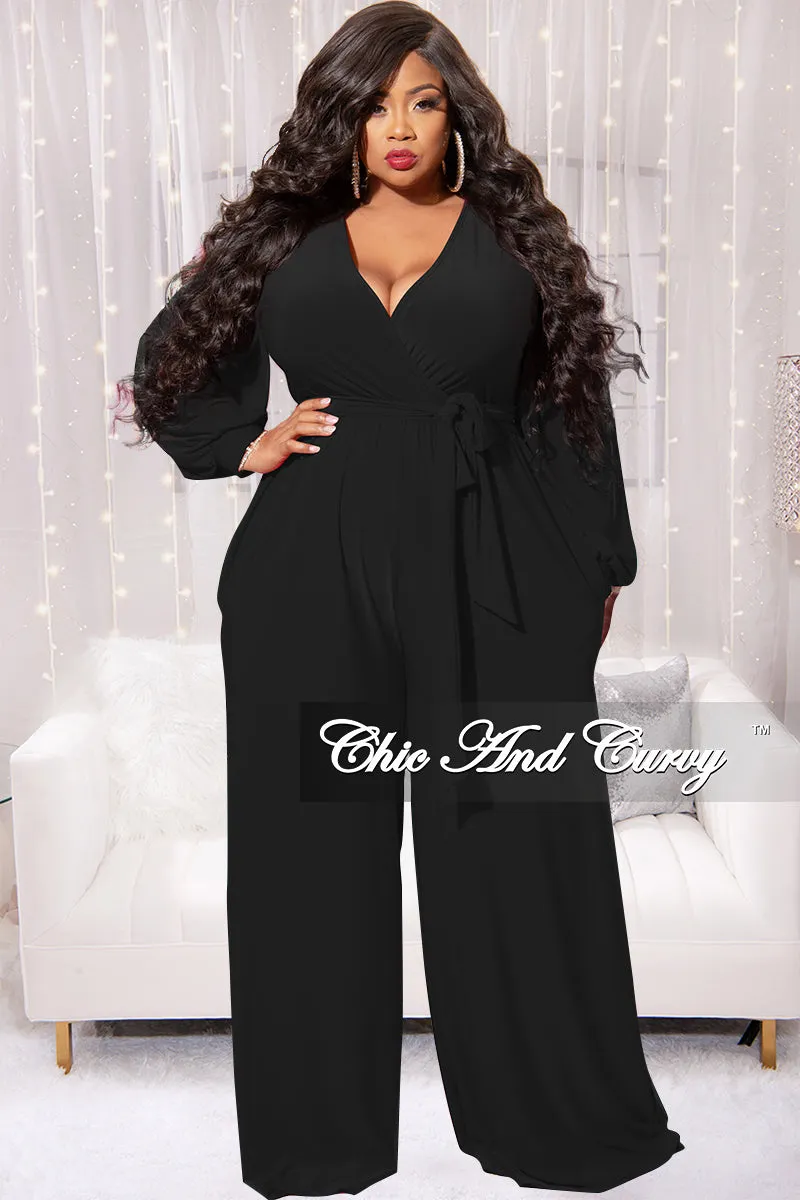 Final Sale Plus Size Faux Wrap Jumpsuit with Waist Tie in Black