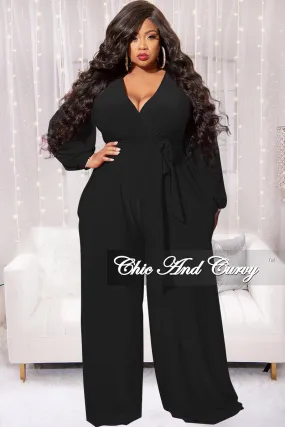 Final Sale Plus Size Faux Wrap Jumpsuit with Waist Tie in Black